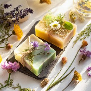 Herbal soap bars with flowers and oil